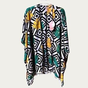 As Rose Rich Tropical Leaf Kimono Wrap Cover Up Womens Large Black White NWT